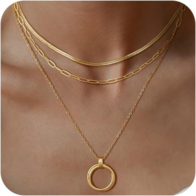 NECOCY Valentine's Day Gift 14k Gold/Silver Plated Layered Gold Necklaces for Women, 3Pcs Dainty Herringbone Choker Set, Trendy Stack Simple Chain Layering Pendant Jewelry
