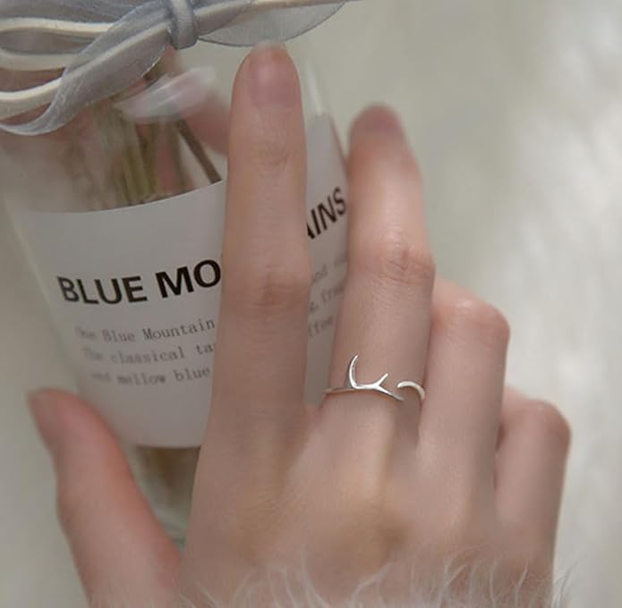 Amkaka Adjustable Rings for Women S925 Sterling Silver Christmas Antlers Open Ring Minimalist Hypoallergenic Ring Gift