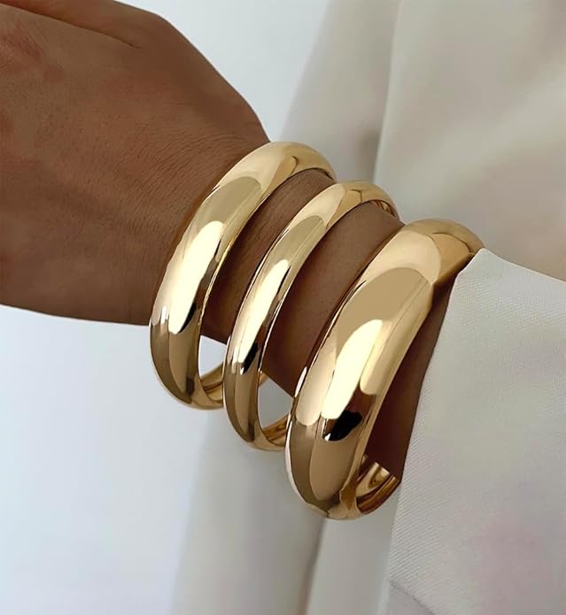 Chunky Gold Bangle Bracelets for Women, Dainty 14k Gold Plated Big Stackable Bangles Set, Trendy Cuff Bracelet Stack Fashion Jewelry Gifts
