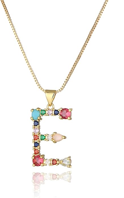 Eben-Ezer 18K Gold Box Chain Choker Initial Necklace Multi-Color Zircon Letter Pendant Script Name Custom Necklace for Women Gift Alphabet 26 A-Z