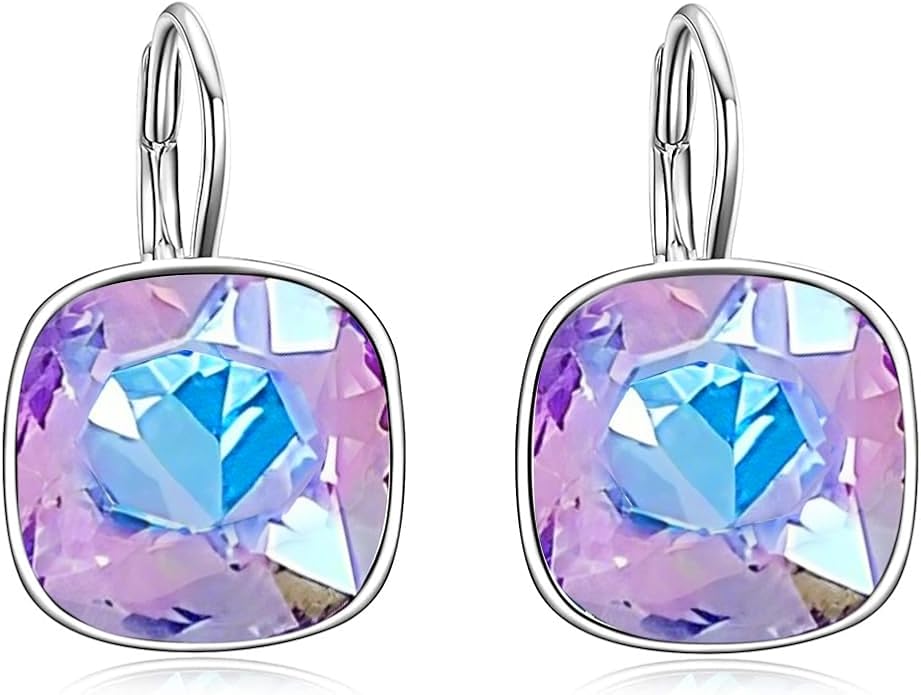 AOBOCO Sterling Silver Leverback Earrings Embellished with Crystals from Austria, Hypoallergenic Cushion Cut Square Crystal Earrings, Fine Anniversary Birthday Jewelry Gifts for Women