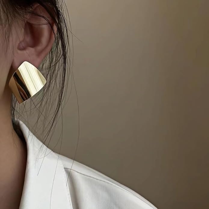 Gold Abstract Statement Earrings for Women Chunky Square High Polished Geometric Dangle Earring Trendy Large Costume Outfit Jewelry Exaggerated Accessories