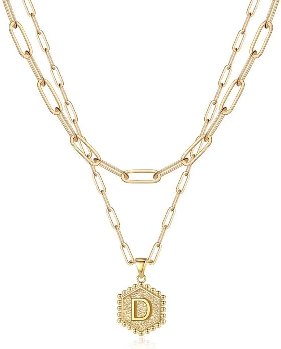 M MOOHAM Valentines Gifts for Women Teen Girls, 14K-Gold-Plated Initial Necklaces for Women Cute Hexagon Letter Initial Necklace Layered Necklaces for Womens Teen Girl Valentines Jewelry Gifts