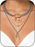 Valentines Day Gifts for her,Gold Statement Necklace,Muliti Layered Necklaces for Women,Chunky Two Tone Mixed Metal Necklace Set with Charm Pendant, Paperclip Stacked Chain, Trendy Coin Jewelry Gift for Her Gifts for Chrismas