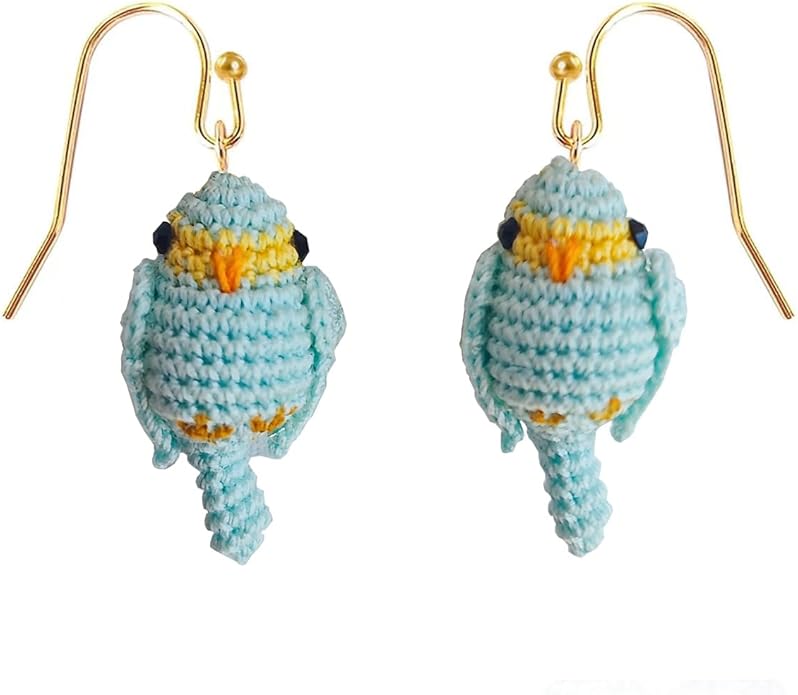 Hand-crocheted yellow and blue parrot earrings, miniature crocheted artistic cute playful parrot gifts accessories