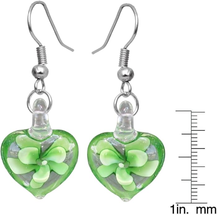 Murano Inspired Glass Hearts and Flowers Hypoallergenic Earrings with stainless steel French ear hooks