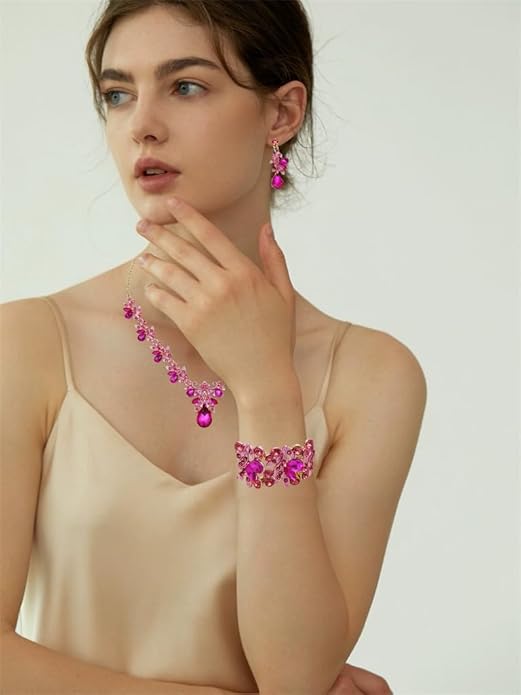 Wedding Leaf Flower Crystal Teardrop Pendant Necklace Dangle Earrings Stretch Bracelet Jewelry Set for Women Bridal Party Prom