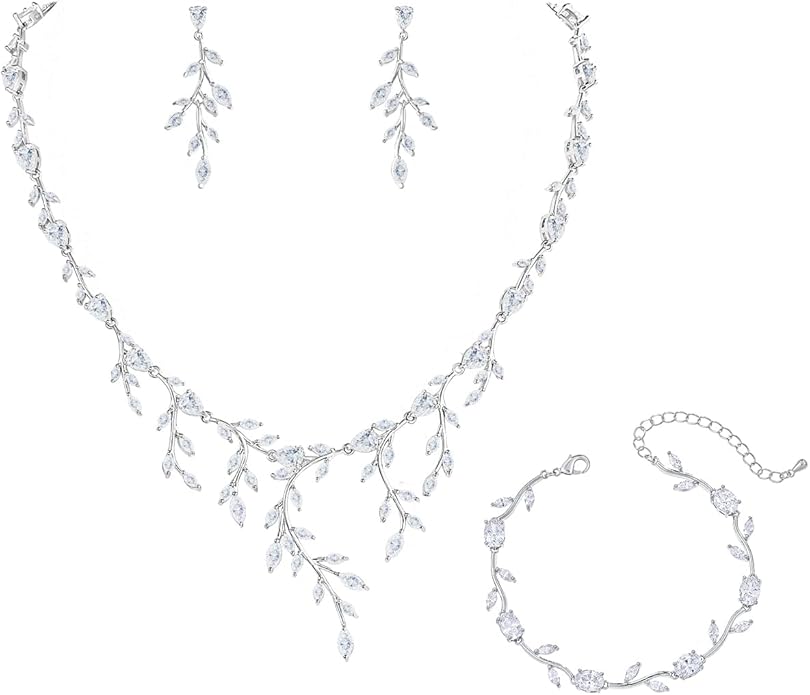 Bridal Wedding Jewelry CZ Set Marquise Teardrop Cubic Zirconia Pendant Necklace and Dangle Earring Bracelet Sets for Women