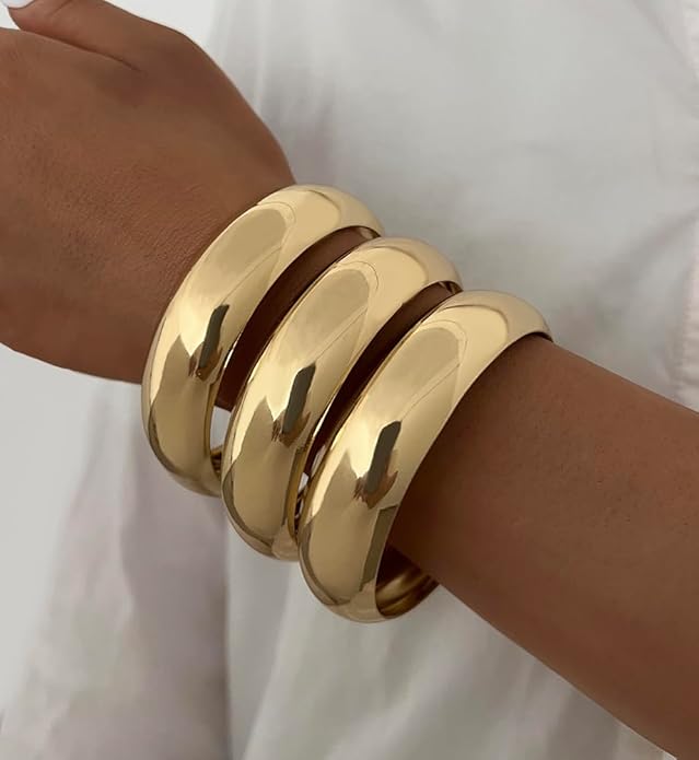 Chunky Gold Bangle Bracelets for Women, Dainty 14k Gold Plated Big Stackable Bangles Set, Trendy Cuff Bracelet Stack Fashion Jewelry Gifts