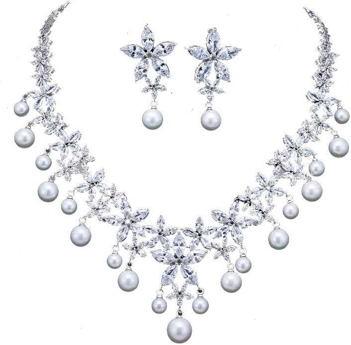 Women's Bridal Jewelry Set, 14K Gold Freshwater Pearl & Crystal, Choker Necklace & Drop Earrings, Elegant Wedding Fashion Ensemble