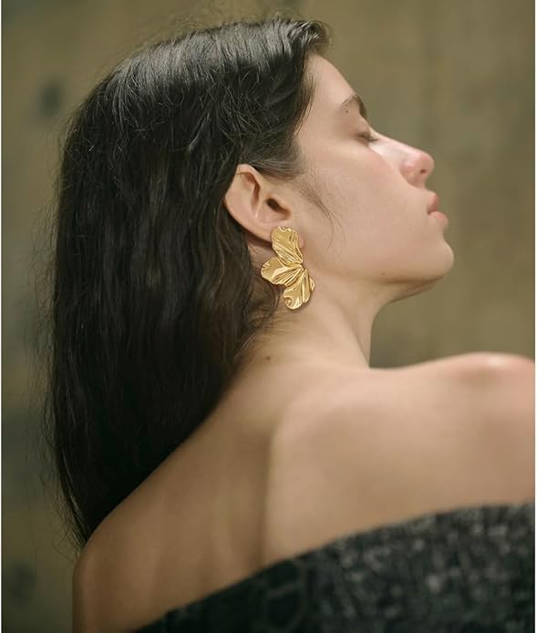 Chunky Gold Statement Earrings For Women Gold Plated Sectored Flower Leaf Shell Angel Wing Earrings Trendy Boho Jewelry For Women Large Stud Earrings Hypoallergenic Earrings