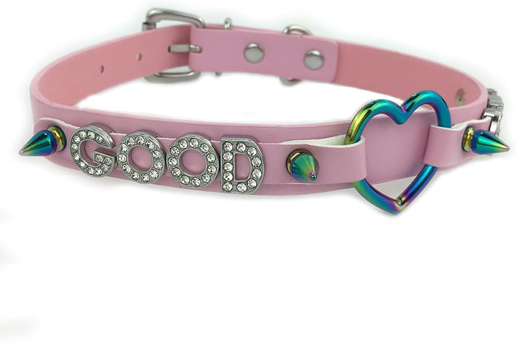 Succuba Handmade Heart Ring Rhinestone Letter Pu Leather Choker Collar Necklace for Women and Men