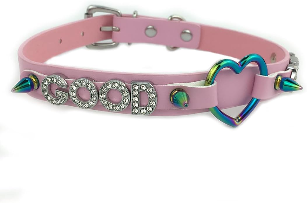Succuba Handmade Heart Ring Rhinestone Letter Pu Leather Choker Collar Necklace for Women and Men