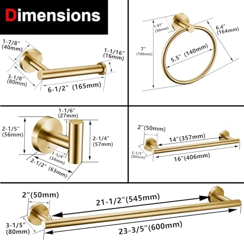 6 Pieces Brushed Gold Bathroom Hardware Accessories Set Hand Towel Ring 16&23.6 - Image 7