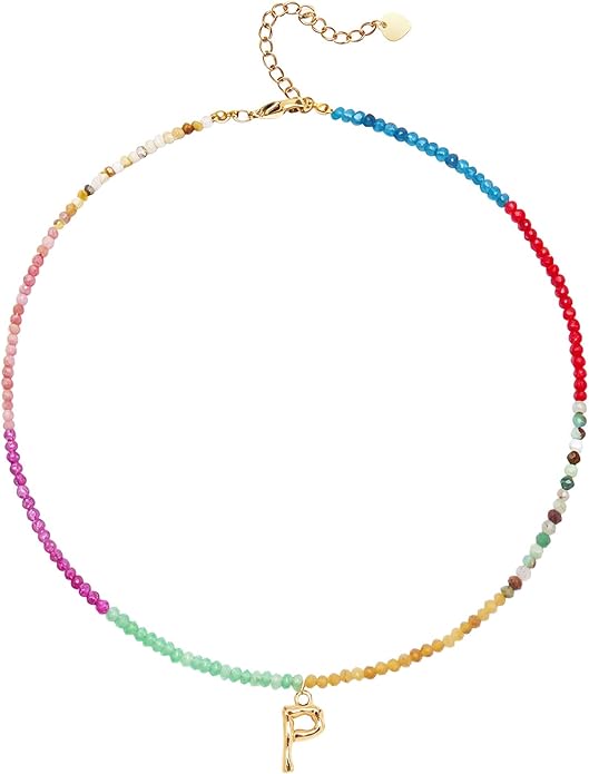 Beaded Initial Necklace for Women, Boho Natural Stone Semi-Precious Stone 18K Gold Plated Letter Pendant Rainbow Colorful Trendy Alphabet Dainty Choker Jewelry for Women Summer Beach Party
