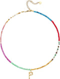 Beaded Initial Necklace for Women, Boho Natural Stone Semi-Precious Stone 18K Gold Plated Letter Pendant Rainbow Colorful Trendy Alphabet Dainty Choker Jewelry for Women Summer Beach Party