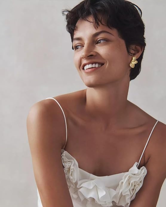 Chunky Gold Statement Earrings For Women Gold Plated Sectored Flower Leaf Shell Angel Wing Earrings Trendy Boho Jewelry For Women Large Stud Earrings Hypoallergenic Earrings