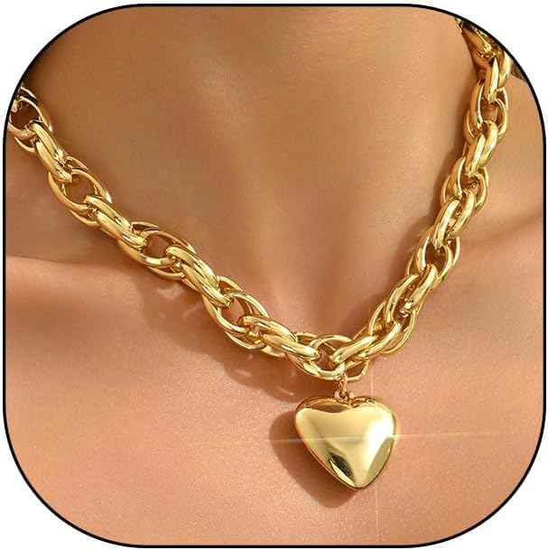 Chunky Gold Heart Necklace for Women,Y2K Big Heart Statement Necklace Long Puffy Hearts Chain Charm Necklaces Trendy Jewerly