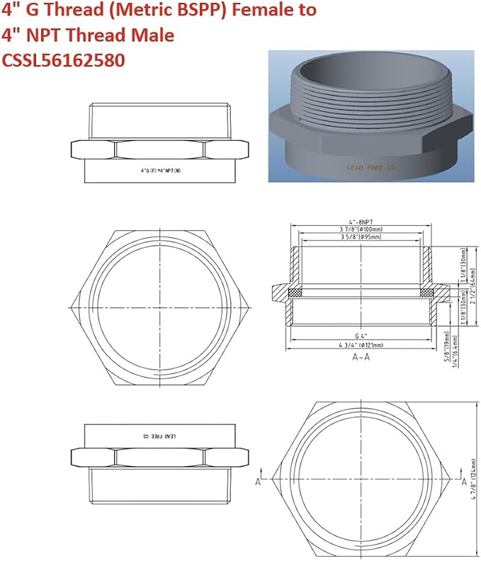 Cascada Lead-Free 4" G Thread Female to NPT Male Adapter | Brass Pipe Fitting - Image 2
