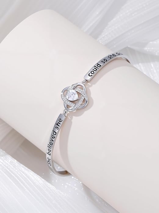 Valentines Day Gifts for Her, 18k White Gold Plated Love Knot Bracelets, Engraved Inspirational and Sentiment Bangle, Anniversary Birthday Jewelry Gift for Lover Wife Girlfriend Sister Friends