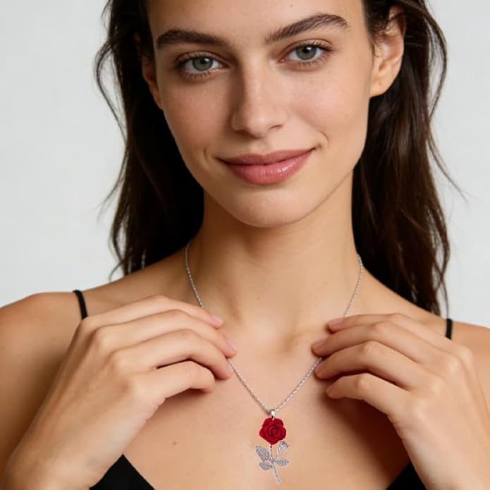 ONLYJUMP Rose Alloy Necklace for Women Heart Pendant Copper Zircon Light Luxury Fashion Jewelry Dainty Romantic Statement Necklace for Daily Wear Ideal Valentine's Day Anniversary Birthday Gift