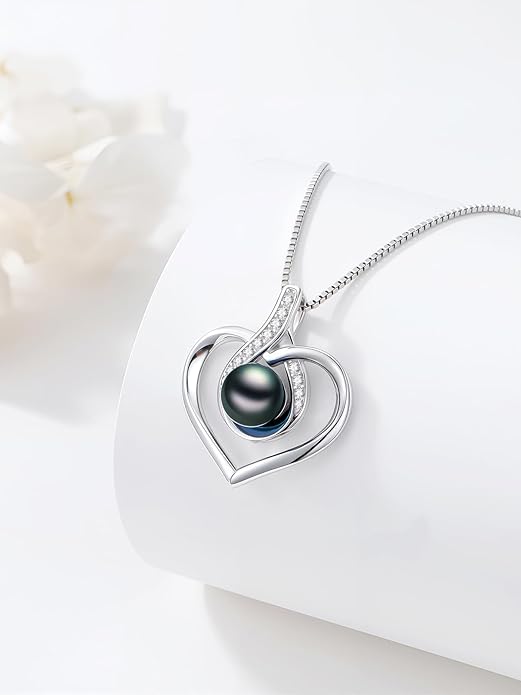 Tahitian Black Pearl AAAA 18K White Gold Plated Sterling Silver Heart Pendant Necklace for Women Wife Mom Girlfriend Valentine Her Jewelry Gift for Anniversary Birthday Christmas