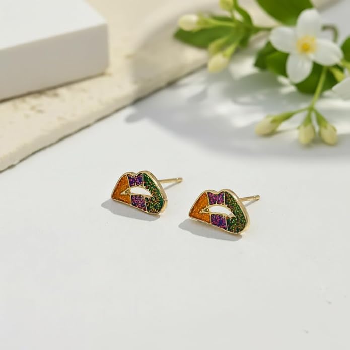 MardiGras Stud Earrings for Women Glitter Delicate Compact Flower Mask Hat Lips Stud Earring Charm Green Purple Gold Carnival Earring Cute MardiGras Jewelry Accessories for Women