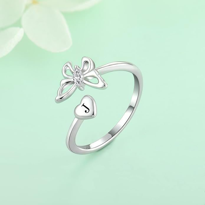 STARCHENIE Butterfly Initial Ring for Women 925 Sterling Silver Letters A-Z 26 Alphabet Adjustable Ring Size 7