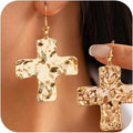 Chunky Gold Big Hammered Cross Drop Dangle Earrings for Women Trendy, Bold Thick Large Silver Cross Hook Earrings Dainty Vintage Faith Chain Jewelry