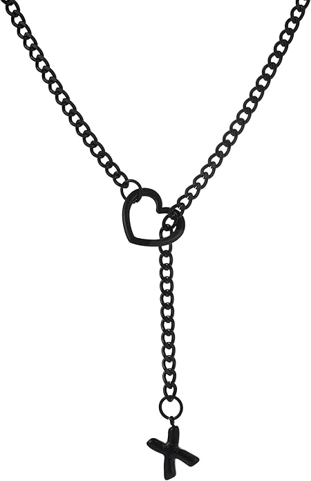 Black Heart Slip Chain Initial Necklaces for Women,Stainless Steel O-Ring Adjustable Lariat Heart Y-Necklace,Punk Gothic Cuban Collar Choker Necklace for women