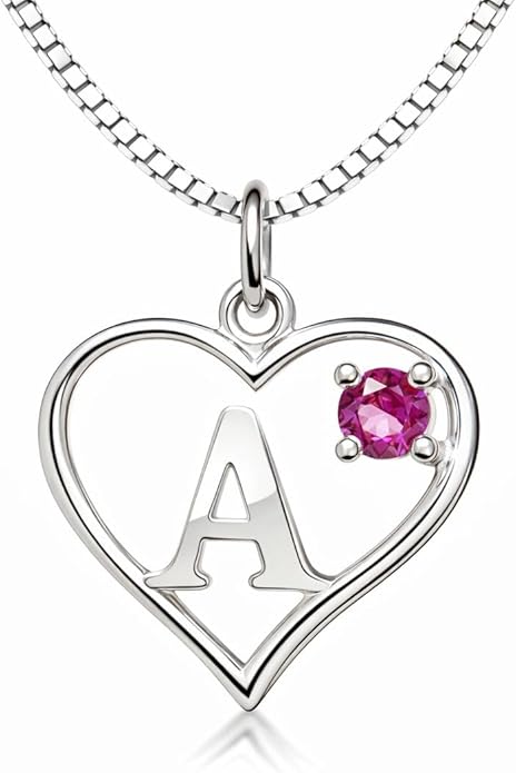 Silver Sterling Necklace Initial Letter A-Z Birthstone for Women – Personalized Custom Jewelry Pendant with Heart Design Customized Dainty Charm for Wife Girlfriend Mom – 18" Box Chain