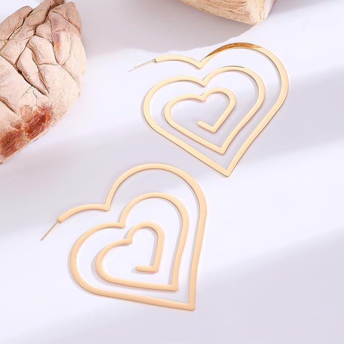 Trendy Large Gold Spiral Heart Stud Earring for Women, Statement Hollow Silver Big Love Hearts Y2k Earrings Bold Personalized Prom Party Jewelry Gifts