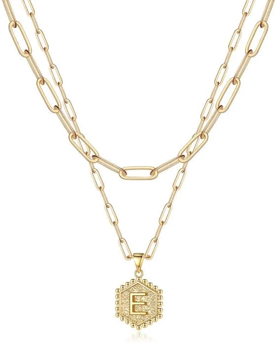 M MOOHAM Valentines Gifts for Women Teen Girls, 14K-Gold-Plated Initial Necklaces for Women Cute Hexagon Letter Initial Necklace Layered Necklaces for Womens Teen Girl Valentines Jewelry Gifts