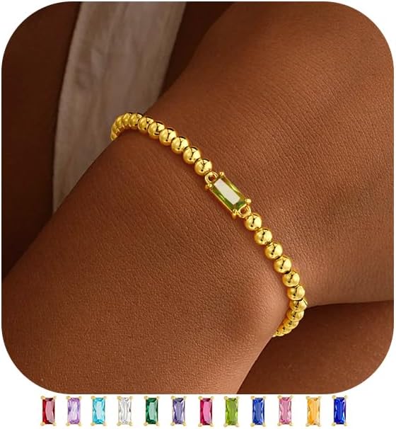 Yoosteel Valentines Gifts for Her Kids Girls - Valentines Day Bracelets Dainty Birthstone Bracelet for Women Elastic 14K-Gold-Plated Bead Bracelets Trendy Friendship Birthday Jewelry Gift for Teenage Girl Women