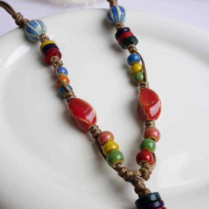 Boho Style Colorful Ceramic Bead Strand Necklace Adjustable Bohemian Jewelry Gift for Women, Fashion Clothing Matching Necklace