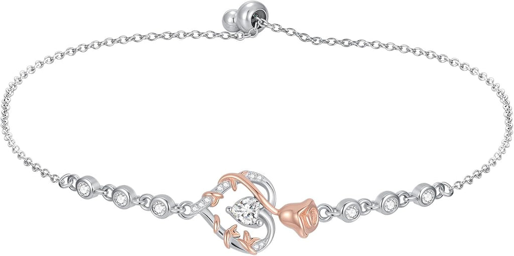 Birthstone Charm Link Bracelet 925 Sterling Silver Rose/Heart/Mom Bracelet with 12 Months Birthstone Mother's Day Gift Jewelry Gifts for Women,Chain Length 7"+2" Extend