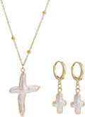 Nature Freshwater Pearl Cross Necklace Earring for Women, Gold Big Cross Pearl Necklace,Baroque Earrings (Gold)