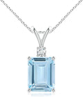 Angara Natural Aquamarine Solitaire Pendant for Women | Emerald-Cut Aquamarine Pendant with Diamond in 14K Solid Gold/Silver/Platinum With 18" Chain | March Birthday, Gemstone Jewelry Gift