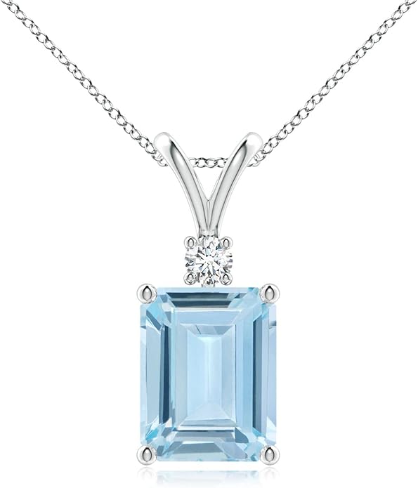 Angara Natural Aquamarine Solitaire Pendant for Women | Emerald-Cut Aquamarine Pendant with Diamond in 14K Solid Gold/Silver/Platinum With 18" Chain | March Birthday, Gemstone Jewelry Gift