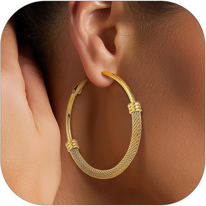 KeyStyle Mesh Hoop Earrings for Women, Stainless Steel Gold Hoops Earring Lightweight Loops, 2MM Thick Hypoallergenic Circle Endless Hollow Hoop 20mm-80mm