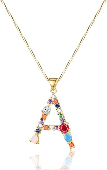 Eben-Ezer 18K Gold Box Chain Choker Initial Necklace Multi-Color Zircon Letter Pendant Script Name Custom Necklace for Women Gift Alphabet 26 A-Z