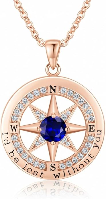 Compass Necklace for Women Wife Girlfriend Mom Daughter Gifts S925 Sterling Silver Jewelry For Anniversary Rose Gold Gifts For Birthday Christmas Mothers Valentines Day 12 Birthstones