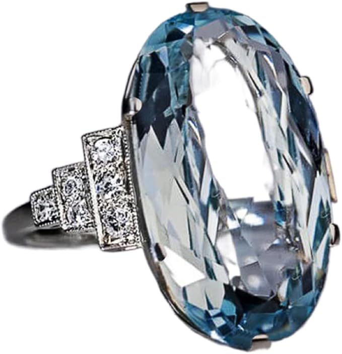 925 Silver Super Flash Oversized Oval Blue Crystal Ring Found Diamond Ring Found Female Jewelry Earrings (US Code 10)