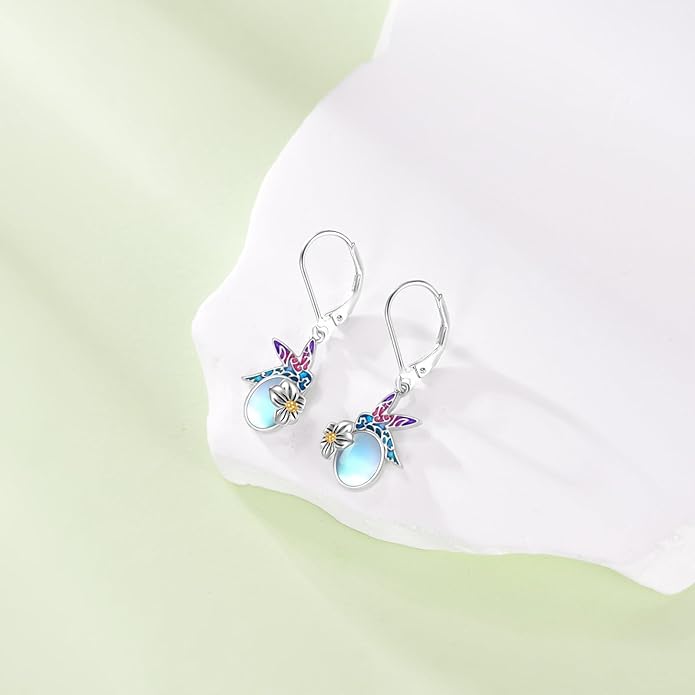 Hummingbird with Moonstone Dangle Earrings 925 Sterling Silver Hummingbird Leverback Earrings for Women