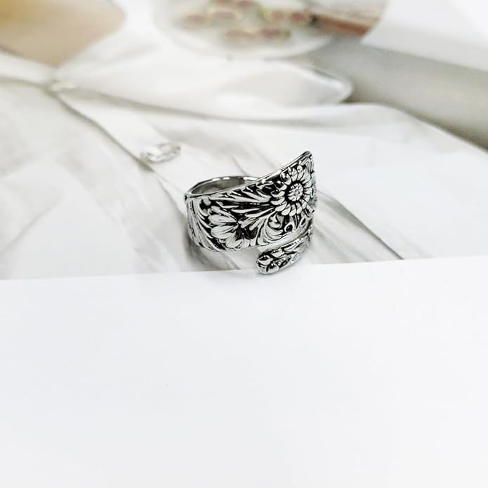 Retro Sunflower Spoon Rings for Women Adjustable Oxidized Silver Victorian Vintage Boho Finger Comfort Fit Adjustable Floral Thumb Jewelry Cherry Blossom Wrap Around Open Band Xmas Gifts