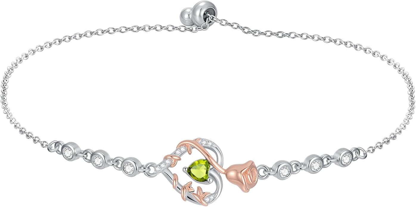 Birthstone Charm Link Bracelet 925 Sterling Silver Rose/Heart/Mom Bracelet with 12 Months Birthstone Mother's Day Gift Jewelry Gifts for Women,Chain Length 7"+2" Extend