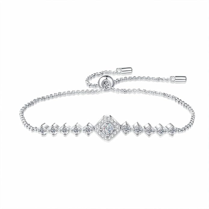 14K White Gold Over S925 Sterling Silver Princess/Round Cut D-color VVS1 Diamond Bracelet, Adjustable Chain with 0.7ct/0.5ct/1ct Diamond, Ideal Surprise for Trendy Women