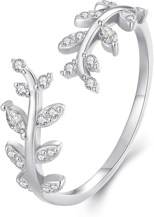 MUNDELL 925 Sterling Silver Simple Multi-layer Leaf Adjustable Ring Green Lucky Leaves Statement Ring for Women Promise Ring Fine Jewelry