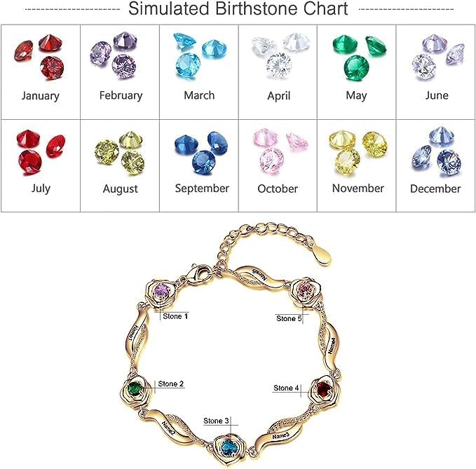 Personalized Simulated Birthstone Bracelets Adjustable Rose Flower Chain Charm Bracelet with 1-5 Name Initial Engraved for Women Mom Christmas Gifts