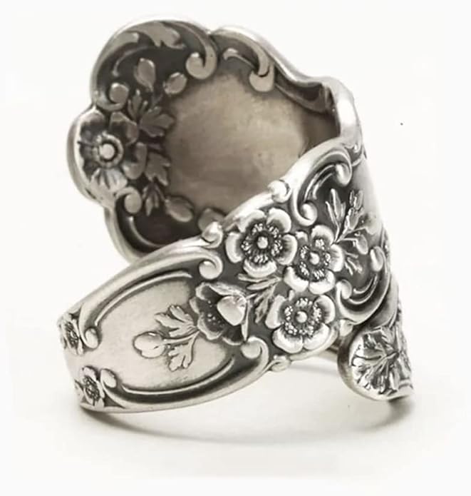 Vintage Flowers Spoon Rings Promise Wedding Engagement Statement Boho Circling Rose Flower Cluster Finger Open Ring Adjustable Extendable Wrap Bands for Women Men Retro Jewelry